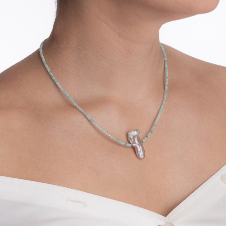 Colier argint pietre semipretioase amazonit cubulete de 3 mm , hematit si scoica naturala lungime 43 cm [3]