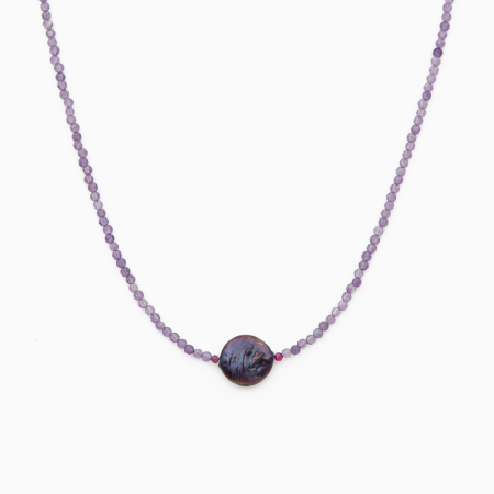 Necklaces and pendants - Silver necklace with micro-faceted amethyst 2.5 mm and a cultured pearl with purple iridescence - length 42 cm