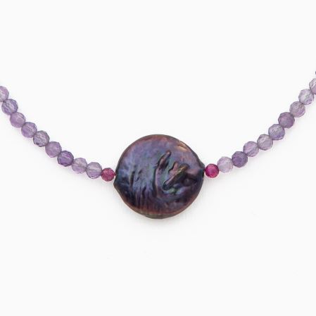 Silver necklace with micro-faceted amethyst 2.5 mm and a cultured pearl with purple iridescence - length 42 cm [1]
