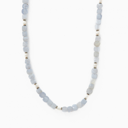 Coliere dama - Colier argint pietre semipretioase calcedonie cuburi de 5 mm si perle de cultura cu accente din argint antichizat lungime 42 cm