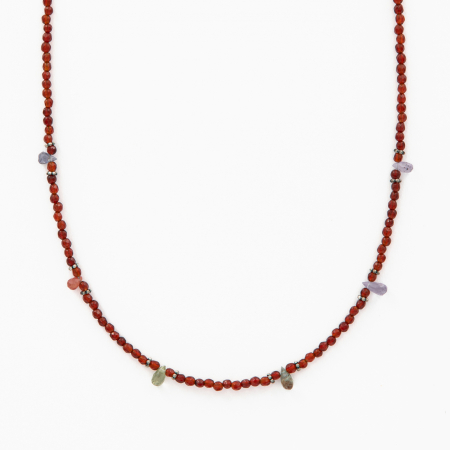 Necklaces and pendants - Silver necklace with micro-faceted carnelian 2 mm and multicolored sapphire briolettes - length 42 cm