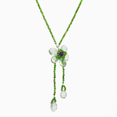 Coliere dama - Colier argint pietre semipretioase cromdiopsid microfatetat 2,5 mm cu floare din briolete de ametist verde lungime 49 cm