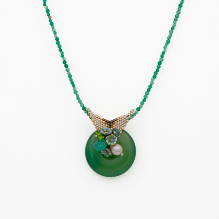 Coliere dama - Colier argint pietre semipretioase onix verde microfatetat de 2,5 mm lungime 50 cm , pandant din agat verde, perlla cultura, margele cehesti