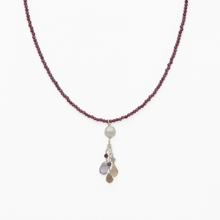 Coliere dama - Colier argint pietre semipretioase granat microfatetat 2,5 mm perla de cultura si briolete din ametrin lungime 42 cm