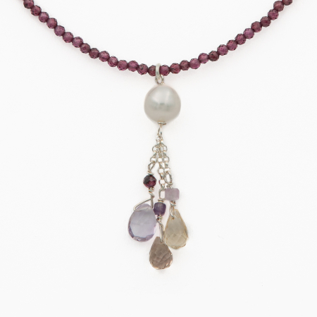 Colier argint pietre semipretioase granat microfatetat 2,5 mm perla de cultura si briolete din ametrin lungime 42 cm [1]