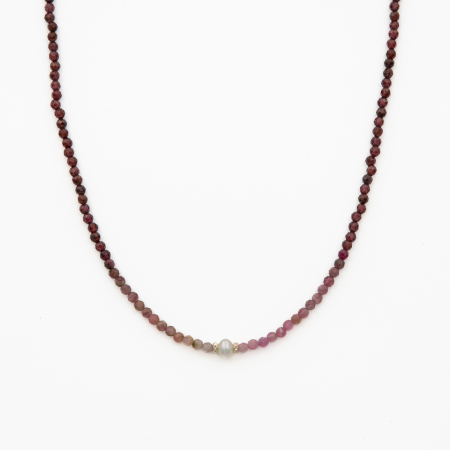 Necklaces and pendants - Silver necklace with micro-faceted garnet 3 mm, pink tourmaline and cultured pearl - length 42 cm