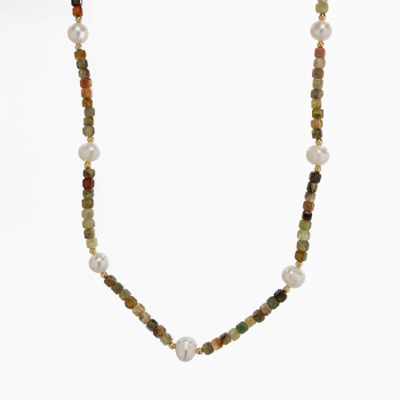 Coliere dama - Colier argint pietre semipretioase granat verde cubulete de 3 mm si perle de cultura  lungime 43 cm