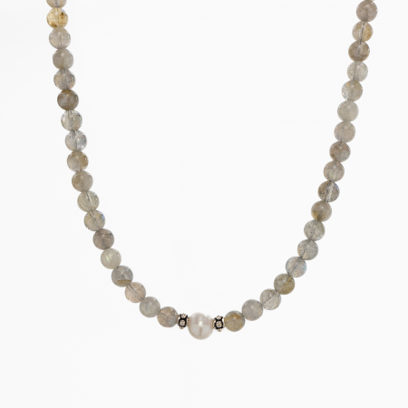 Coliere dama - Colier argint pietre semipretioase labradorit 6 mm cu perla de cultura lungime 42 cm