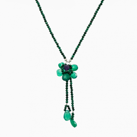 Coliere dama - Colier argint pietre semipretioase malachit microfatetat 2,5 mm floare din briolete de onix verde lungime 49 cm