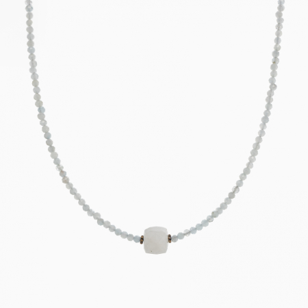 Coliere dama - Colier argint pietre semipretioase microfatetate acvamarin 2,5 mm si cub de 9 mm din piatra lunii lungime 42 cm