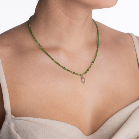 Colier argint pietre semipretioase microfatetate cromdiopsid  2 mm  si accesoriu din cuart roz lungime 42 cm [2]