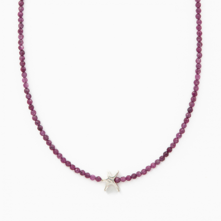 Coliere dama - Colier argint pietre semipretioase microfatetate rubin 2 mm decorate cu un element din argint lungime 42 cm