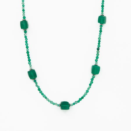 Coliere dama - Colier argint pietre semipretioase onix verde microfatetat 2.5 mm si cubulete de 7 mm lungime 42 cm