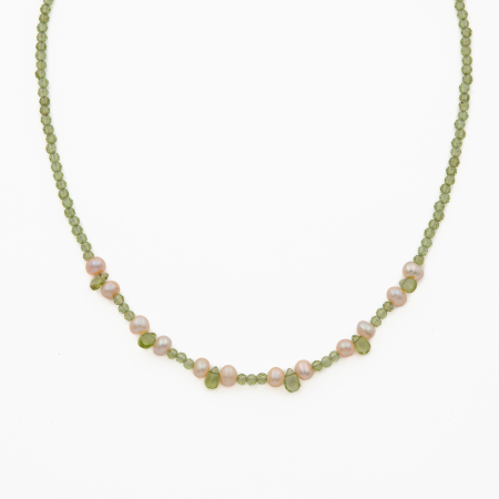 Coliere dama - Colier argint pietre semipretioase peridot microfatetat 3 mm cu briolete din peridot si perle de cultura lungime 42 cm