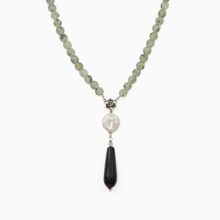 Coliere dama - Colier argint pietre semipretioase prehnit 5 mm, onix si perla naturala  lungime 58 cm