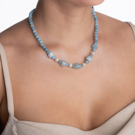 Colier argint pietre semipretioase rotunde angelit 6 mm,  discuri de 11 mm si perle de cultua lungime 42 cm [3]