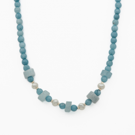 Coliere dama - Colier argint pietre semipretioase rotunde angelit 6 mm,  discuri de 11 mm si perle de cultua lungime 42 cm