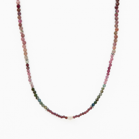 Coliere dama - Colier argint pietre semipretioase turmalina multicolora si roz 2-3 mm cu perla de cultura lungime 42 cm