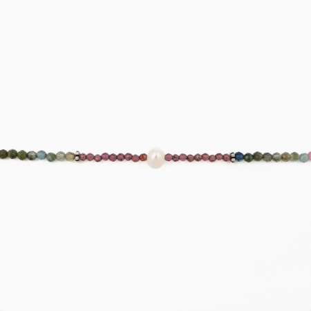 Colier argint pietre semipretioase turmalina multicolora si roz 2-3 mm cu perla de cultura lungime 42 cm [1]