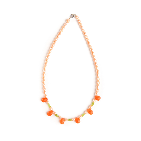 Peach cultured pearl micro facet with Peridot and Carnelian petals necklace [1]