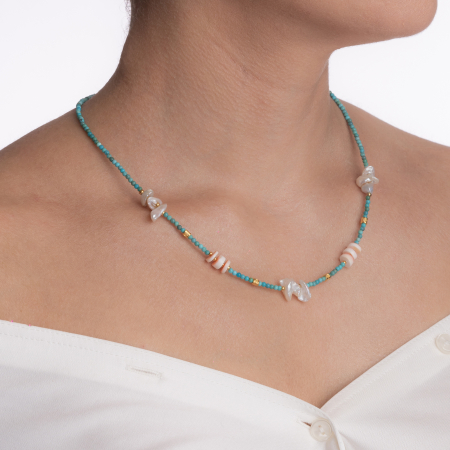 Colier pietre semipretioase turcuaz 2.5 mm, scoica si coral rosu si alb lungime 41 cm [2]