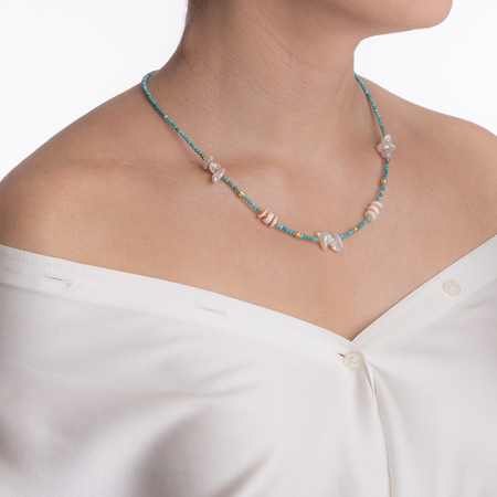 Colier pietre semipretioase turcuaz 2.5 mm, scoica si coral rosu si alb lungime 41 cm [3]