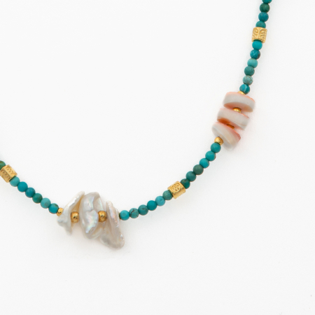 Colier pietre semipretioase turcuaz 2.5 mm, scoica si coral rosu si alb lungime 41 cm [1]