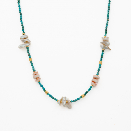 Coliere dama - Colier pietre semipretioase turcuaz 2.5 mm, scoica si coral rosu si alb lungime 41 cm