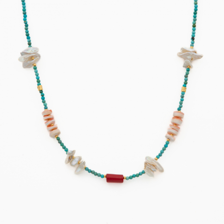 Coliere dama - Colier pietre semipretioase turcuaz 2 mm combinat cu scoica si coral roz lungime 46 cm