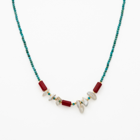 Colier pietre semipretioase turcuaz 2 mm, scoica si coral rosu cu accente aurii lungime 40 cm [0]