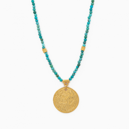 Necklaces and pendants - Necklace with natural turquoise 2.5 mm and a 24k gold-plated coin charm - length 42 cm