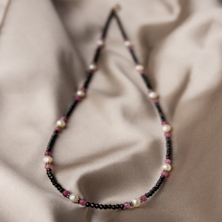 Spinel micro faceted with cultured pearls and pink Tourmaline accents necklace [1]