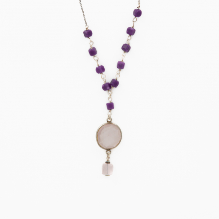 Coliere dama - Lantisor din argint piatra semipretioasa jad mov cubulete 4.5 mm si cuart roz lungime 42 cm