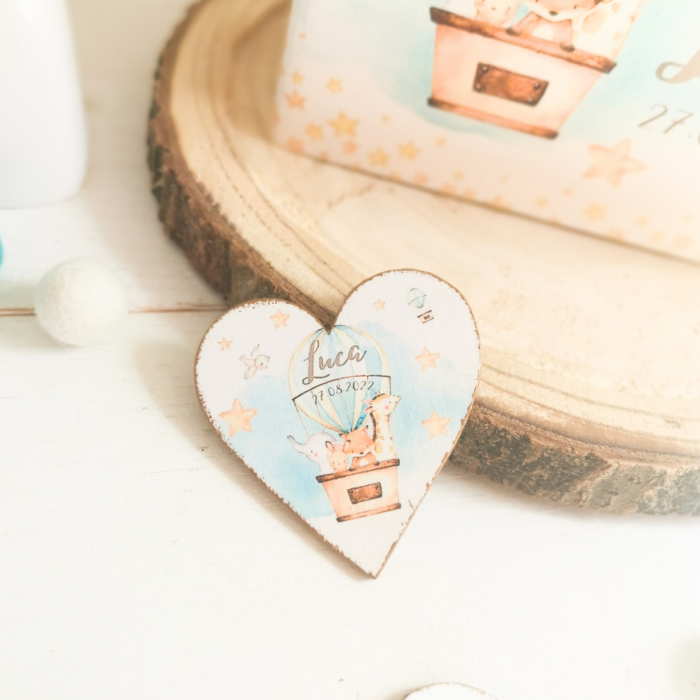 Hot Air Balloon - Marturii botez - Inima lemn personalizata cu magnet [3]