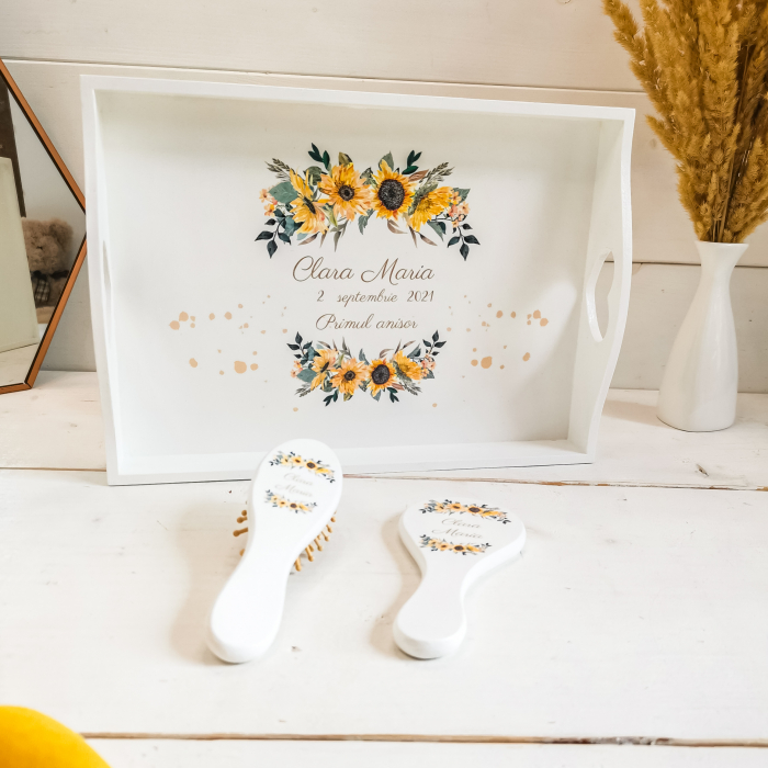 Set 1 an personalizat Floarea Soarelui - tava mot, cutiuta mot, perie si oglinda [4]