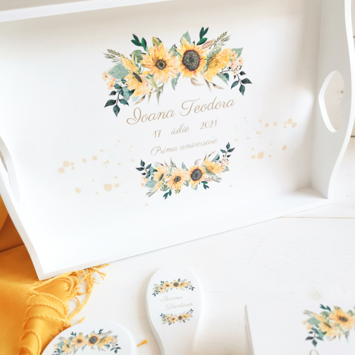Set 1 an personalizat Floarea Soarelui - tava mot, cutiuta mot, perie si oglinda [2]