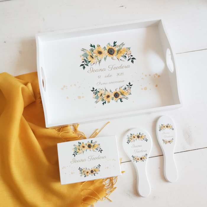 Set 1 an personalizat Floarea Soarelui - tava mot, cutiuta mot, perie si oglinda [3]