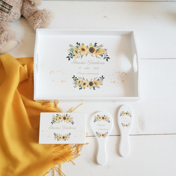 Set 1 an personalizat Floarea Soarelui - tava mot, cutiuta mot, perie si oglinda [7]