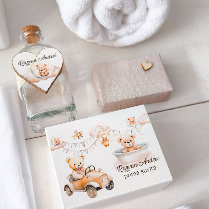 Trusou botez Teddy Bear Calator| Personalizat in cutie lemn [2]