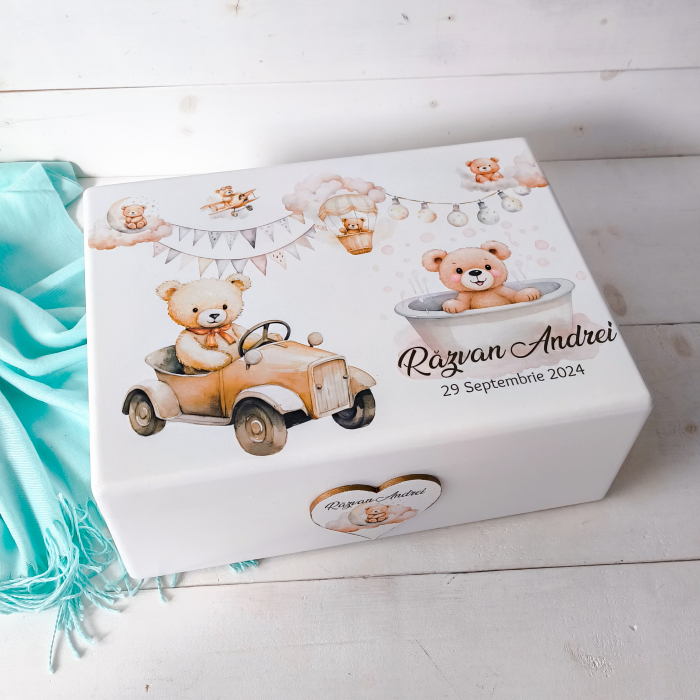 Trusou botez Teddy Bear Calator| Personalizat in cutie lemn [5]