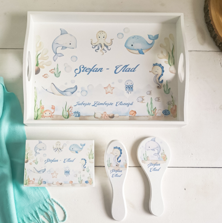 Seturi pentru baieti - Animale Marine - Tava Mot Personalizata | Set prima aniversare