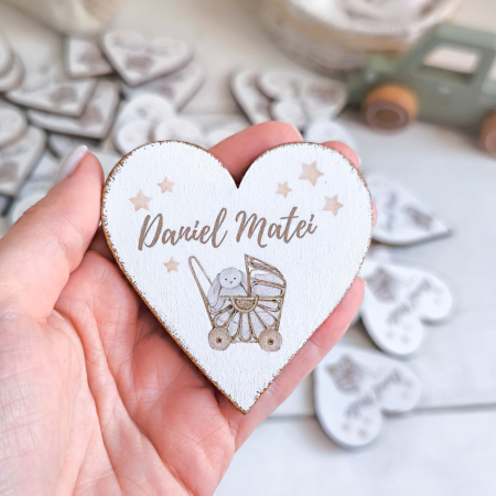 Marturii - Boho Nursery - Marturie botez - Inima lemn personalizata cu magnet