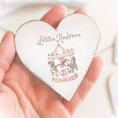 Marturii - Carusel - Marturie botez - Inima lemn personalizata cu magnet