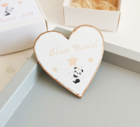 Marturii - Panda - Marturii botez - Inima lemn personalizata cu magnet
