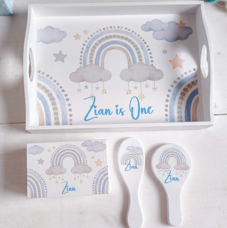Seturi pentru baieti - Rainbows in the Sky - Tavita Mot Personalizata | Set prima aniversare