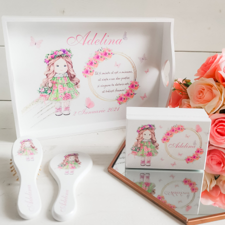 Colectii Prima Aniversare - Set 1 an Baby Doll - tava, cutie mot, perie si oglinda