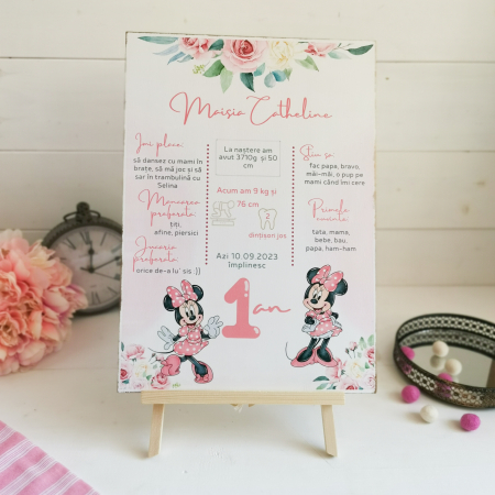 Accesorii prima aniversare - Soricica Celebra Minnie| Tablou personalizat din lemn | Milestone Board