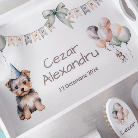 Seturi pentru fetite - Tavita mot - Set 1 an personalizat format din tava mot, cutiuta mot, perie si oglinda | Colectia Catelus