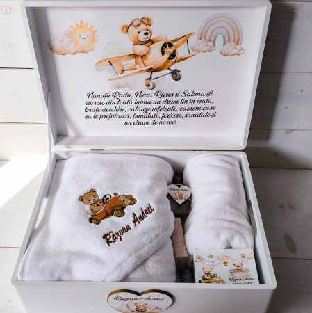Trusou botez Teddy Bear Calator| Personalizat in cutie lemn [3]