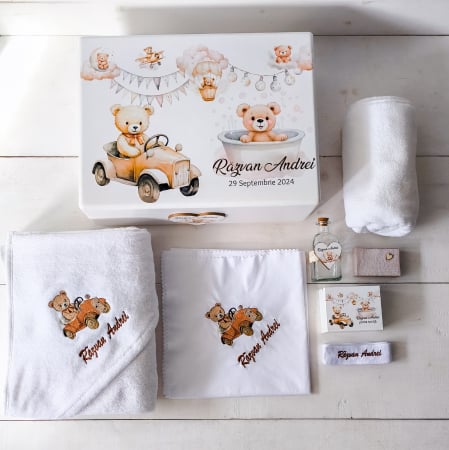 Trusou botez - Trusou botez Teddy Bear Calator| Personalizat in cutie lemn